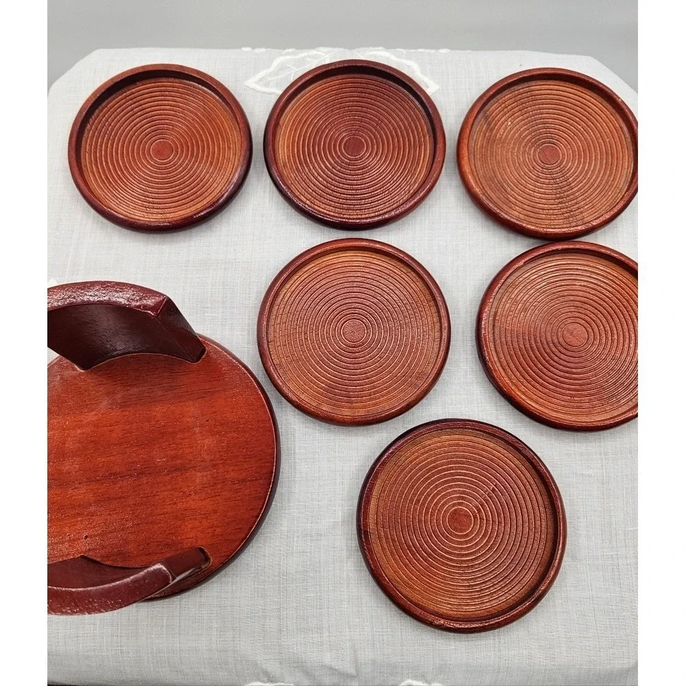 Kamenstein Wood‎ Coaster Set of 6 with Holder Red Brown Concentric Ring Design